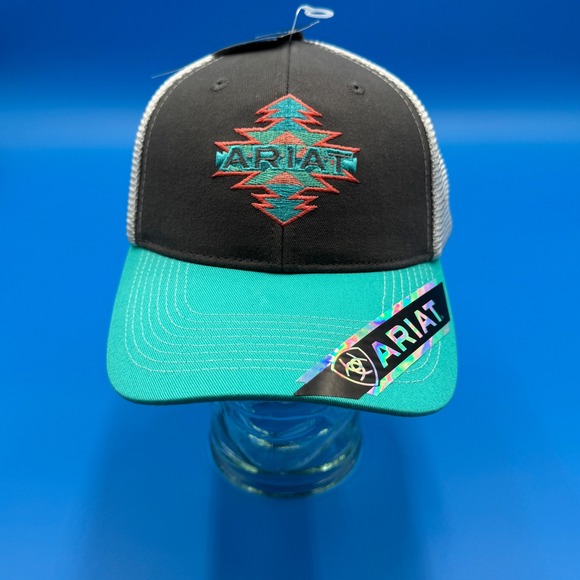 Ariat Other - Ariat Trucker Hat Grey Turquoise Aztec Southwestern Logo Mesh Back Snapback